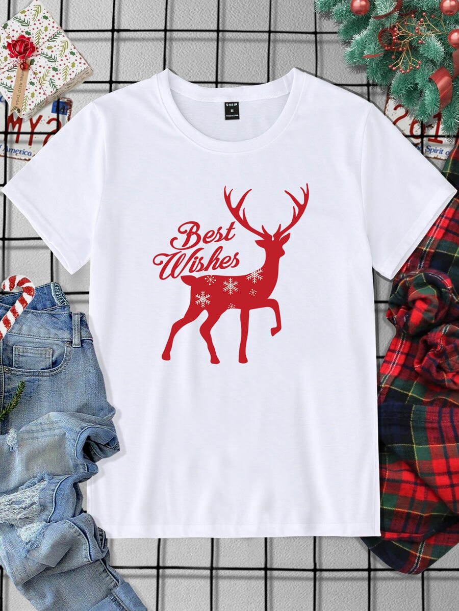 Manfinity 男士1入組聖誕麋鹿和標語圖案T恤 - 白色 - 查看 1