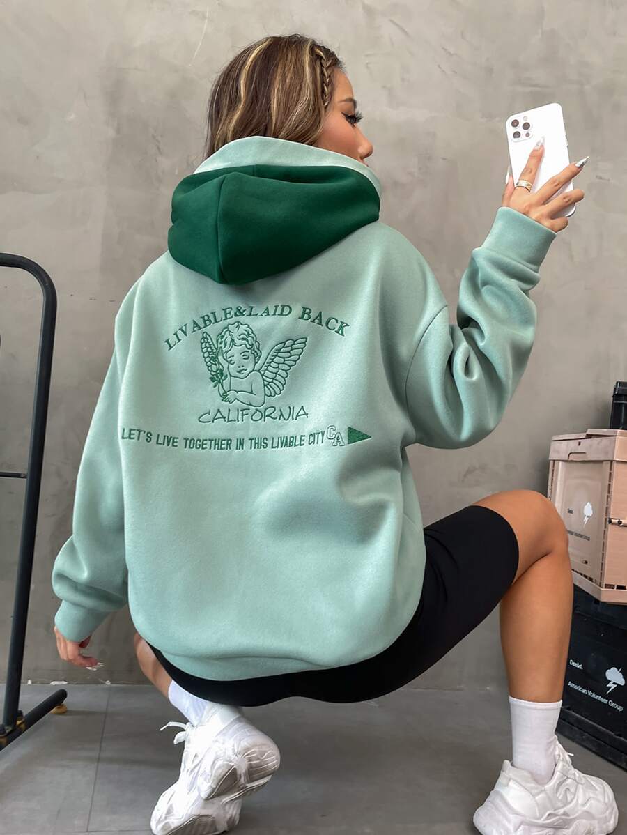 SHEIN Unity Slogan & Angel Embroidery Drop Shoulder Hoodie - Mint Green - View 1