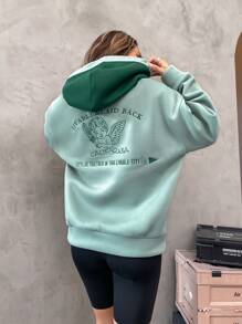 SHEIN Unity Slogan & Angel Embroidery Drop Shoulder Hoodie - Mint Green - View 3