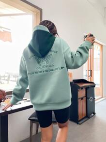 SHEIN Unity Slogan & Angel Embroidery Drop Shoulder Hoodie - Mint Green - View 5