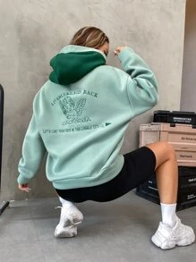 SHEIN Unity Slogan & Angel Embroidery Drop Shoulder Hoodie - Mint Green - View 7