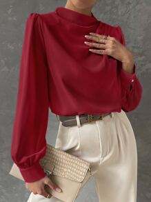 BizChic 女士纯色立领褶裥装饰宽松灯笼袖长袖衬衫，基础都市通勤风格，简约优雅时尚商务休闲风，适合教师和办公室穿着 - 紅色 - 查看 4