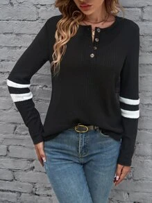 SHEIN LUNE Áo thun nữ Gân đan Nút phía trước Sọc Giải trí - màu đen - Xem 3
