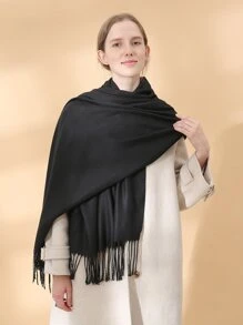 Rắn Fringe Hem Khăn quàng cổ - màu đen - Xem 1