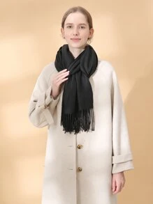 Rắn Fringe Hem Khăn quàng cổ - màu đen - Xem 2