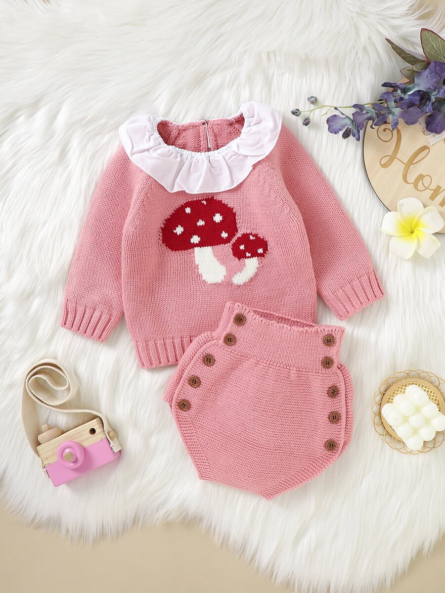 Baby Mushroom Pattern Ruffle Trim Jumper & Knit Shorts - Pink - View 1
