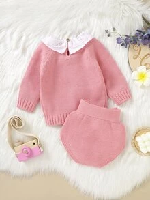 Baby Mushroom Pattern Ruffle Trim Jumper & Knit Shorts - Pink - View 2