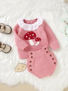 Baby Mushroom Pattern Ruffle Trim Jumper & Knit Shorts - Pink - View 3