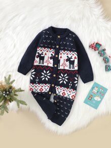嬰兒男孩馴鹿&幾何樣式一片式毛衣連身衣 - 藏蓝色 - 查看 1