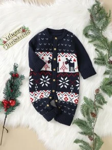 嬰兒男孩馴鹿&幾何樣式一片式毛衣連身衣 - 藏蓝色 - 查看 3