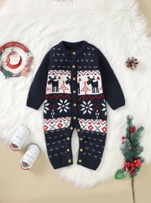 嬰兒男孩馴鹿&幾何樣式一片式毛衣連身衣 - 藏蓝色 - 查看 5