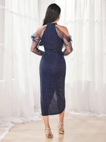 Modelyn Cold Shoulder Contrast Mesh Split Hem Dress - Navy Blue - View 2
