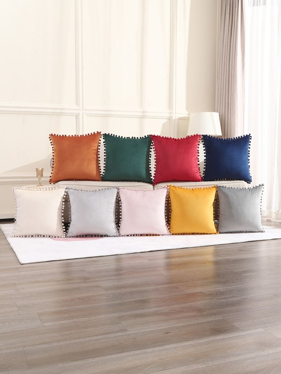 Miater 1pc Plain Pom Pom Decor Cushion Cover Without Filler - Blue - View 1