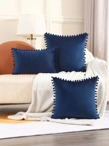 Miater 1pc Plain Pom Pom Decor Cushion Cover Without Filler - Blue - View 2
