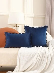 Miater 1pc Plain Pom Pom Decor Cushion Cover Without Filler - Blue - View 6