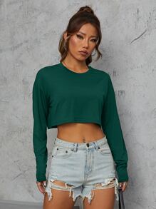 INAWLY Solid Drop Shoulder Crop Tee - Dark Green - View 3