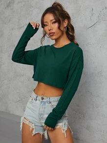 INAWLY Solid Drop Shoulder Crop Tee - Dark Green - View 5