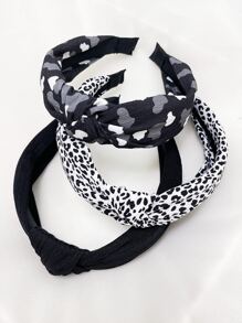 3pcs/set Black Flower, Leopard, Solid Color Fashionable Knot Wide Headbands For Daily Wear - Multicolor - View 2
