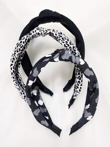 3pcs/set Black Flower, Leopard, Solid Color Fashionable Knot Wide Headbands For Daily Wear - Multicolor - View 4