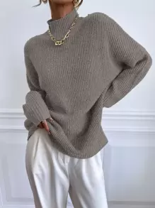 SHEIN Essnce Stand Collar Batwing Sleeve Jumper - Mocha Brown - View 1