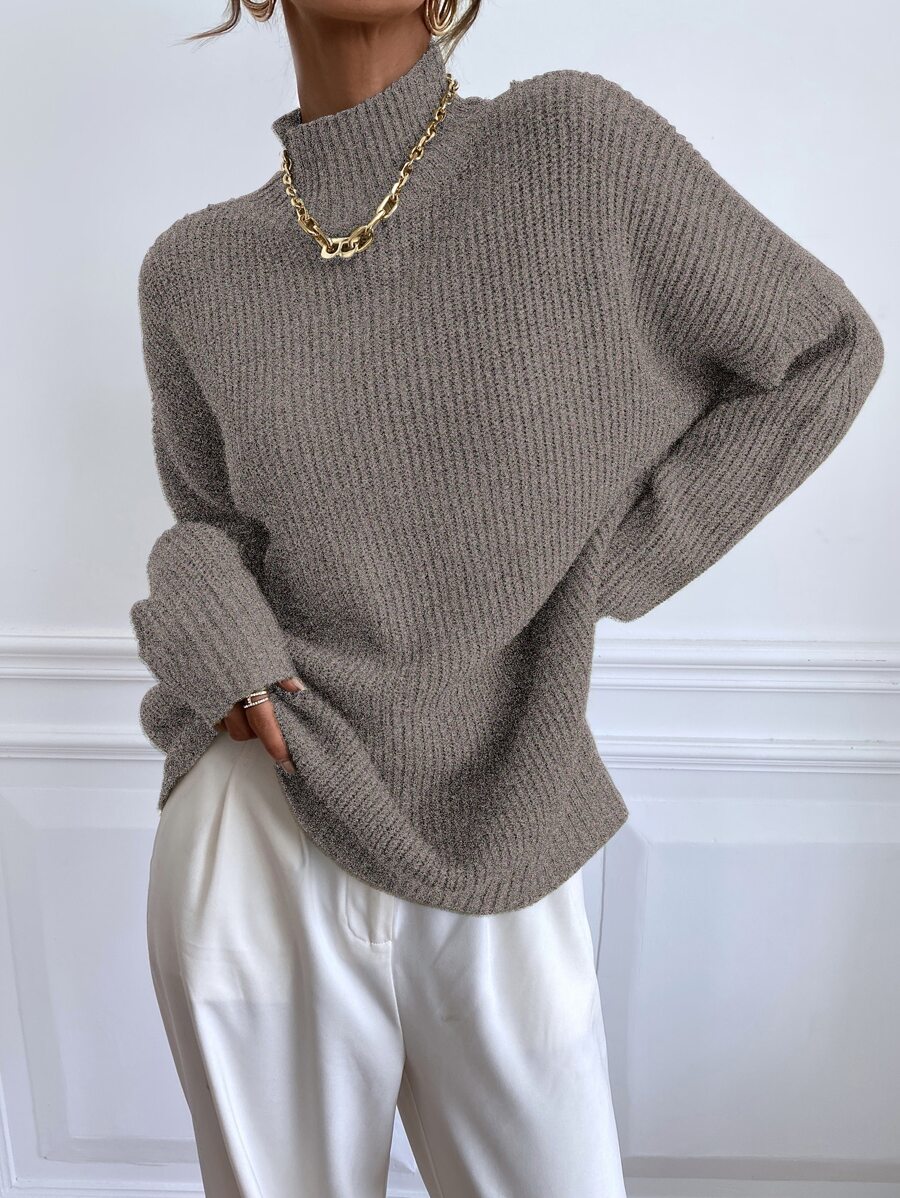 SHEIN Essnce Stand Collar Batwing Sleeve Jumper - Mocha Brown - View 1