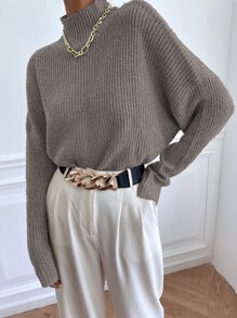 SHEIN Essnce Stand Collar Batwing Sleeve Jumper - Mocha Brown - View 3