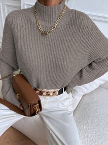 SHEIN Essnce Stand Collar Batwing Sleeve Jumper - Mocha Brown - View 4