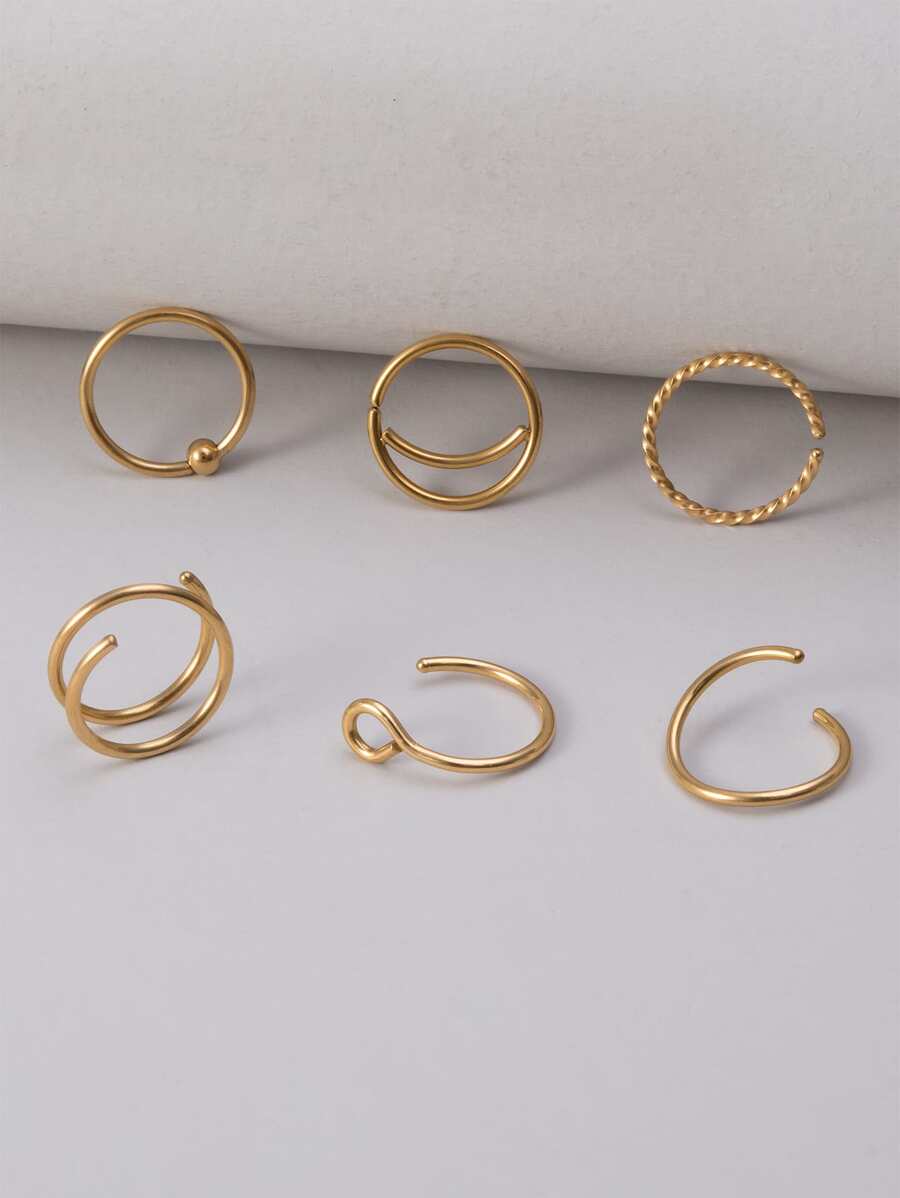6 Cái/bộ Xoắn Thiết Kế Vòng Mũi Thép Không Gỉ Thời Trang Punk Xuyên Hoàn Hảo Cho Nữ & Nam Cơ Thể Món Quà Trang Sức - Vàng - Xem 1