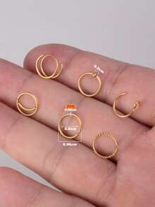 6 Cái/bộ Xoắn Thiết Kế Vòng Mũi Thép Không Gỉ Thời Trang Punk Xuyên Hoàn Hảo Cho Nữ & Nam Cơ Thể Món Quà Trang Sức - Vàng - Xem 5