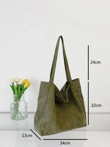 Minimalist Corduroy Shopper Bag School Bag,Large Capacity,Lightweight,Portable, Suitable For Teen Girls Women College Students, Perfect For Back To School,College,Middle School, High School,Work , Business, Commute , Green - Army Green - View 3