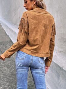 SHEIN VCAY Fringe Trim Faux Suede Jacket - Brown - View 2