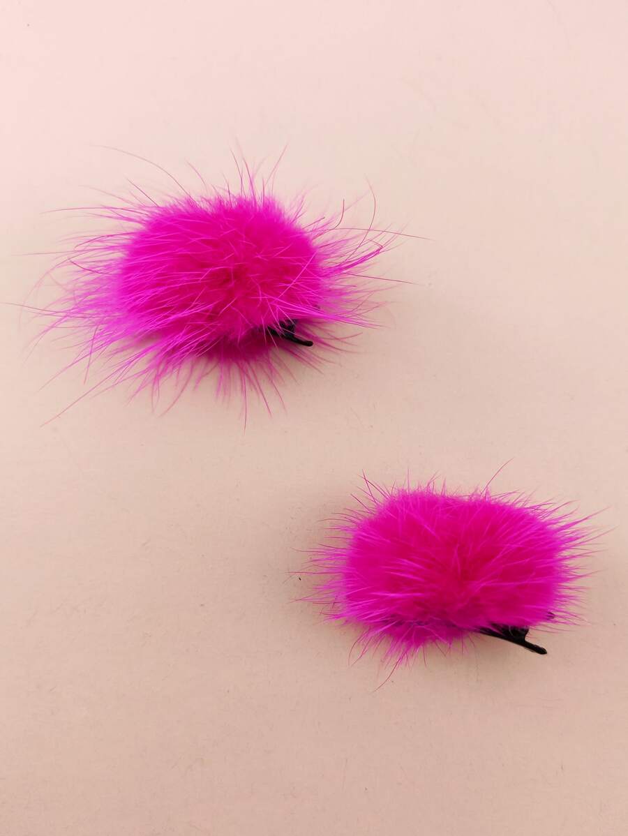 2pcs/Pack 4cm Solid Color Pom Pom Decor Hair Clips For Women, Suitable For Daily Use Cute - Hot Pink - View 1