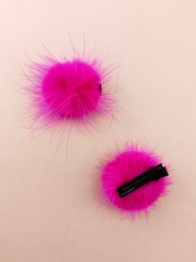 2pcs/Pack 4cm Solid Color Pom Pom Decor Hair Clips For Women, Suitable For Daily Use Cute - Hot Pink - View 2