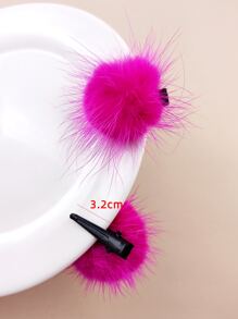 2pcs/Pack 4cm Solid Color Pom Pom Decor Hair Clips For Women, Suitable For Daily Use Cute - Hot Pink - View 3