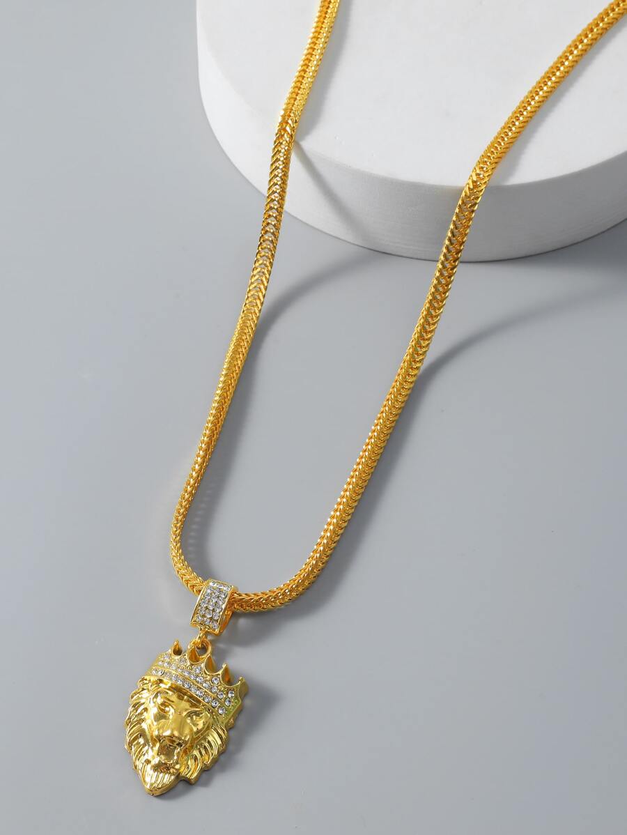 Những người đàn ông thời trang và phổ biến Rhinestone Trang trí mặt dây chuyền đầu sư tử Vòng cổ Punk Hip Pop Style Chất liệu hợp kim cho món quà trang sức và cho một vẻ ngoài sành điệu - Vàng - Xem 1