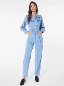 SHEIN Essnce Flap Pocket Button Front Denim Jumpsuit - Medium Wash - View 4