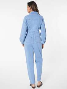 SHEIN Essnce Flap Pocket Button Front Denim Jumpsuit - Medium Wash - View 2