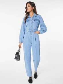 SHEIN Essnce Flap Pocket Button Front Denim Jumpsuit - Medium Wash - View 6