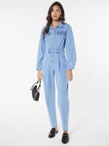 SHEIN Essnce Flap Pocket Button Front Denim Jumpsuit - Medium Wash - View 5