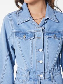 SHEIN Essnce Flap Pocket Button Front Denim Jumpsuit - Medium Wash - View 8