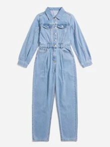 SHEIN Essnce Flap Pocket Button Front Denim Jumpsuit - Medium Wash - View 7