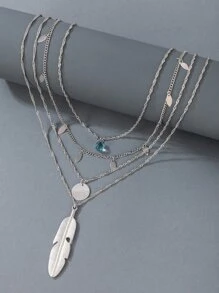 imoli 羽毛圖案和水鑽墜飾多層次項鍊 - 銀色 - 查看 2
