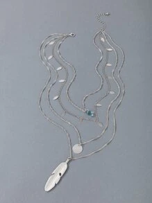 imoli 羽毛圖案和水鑽墜飾多層次項鍊 - 銀色 - 查看 3