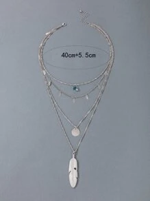 imoli 羽毛圖案和水鑽墜飾多層次項鍊 - 銀色 - 查看 5