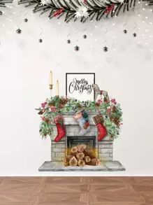 2pcs Christmas Fireplace Print Wall Sticker - Multicolor - View 1
