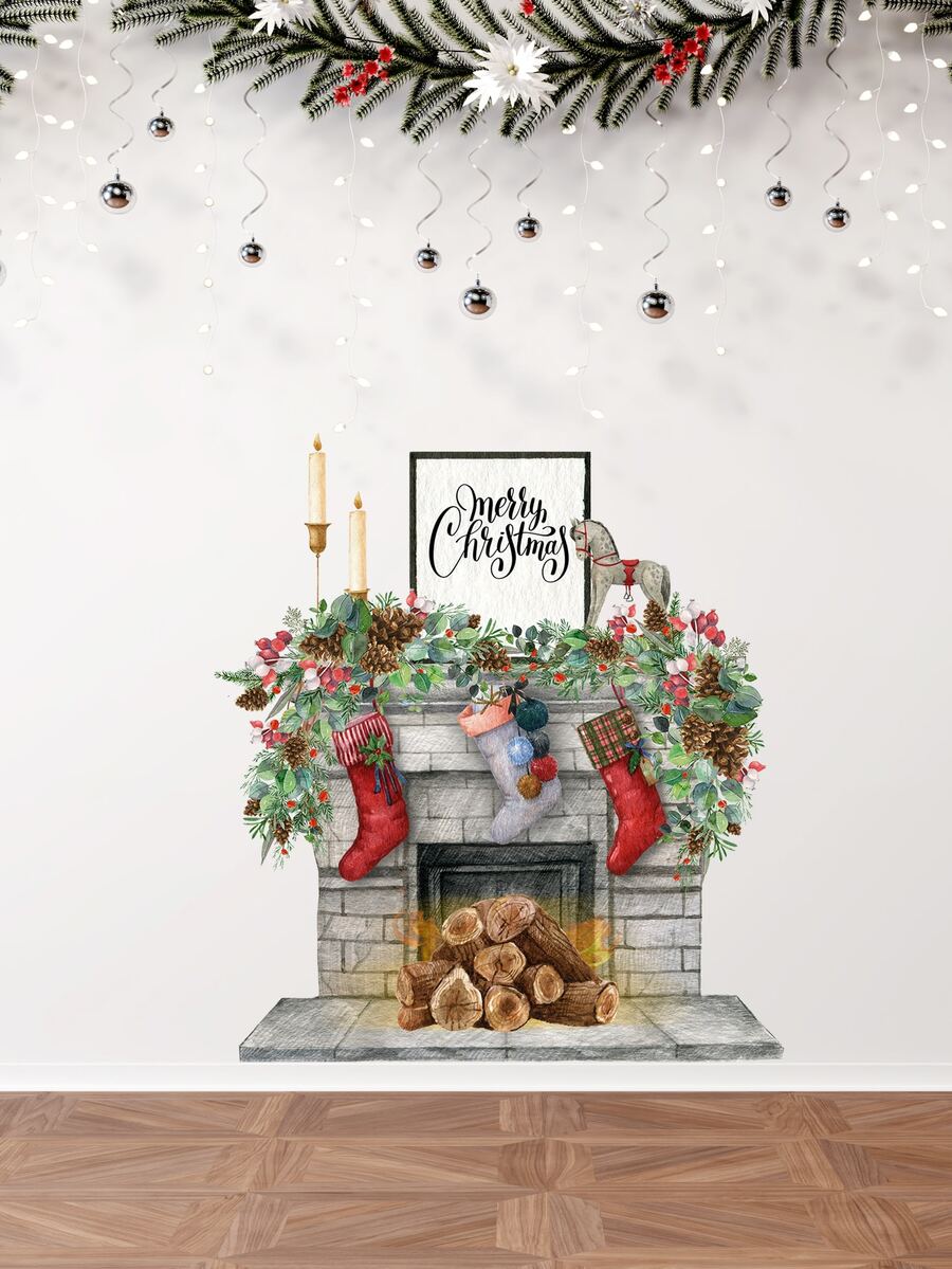 2pcs Christmas Fireplace Print Wall Sticker - Multicolor - View 1