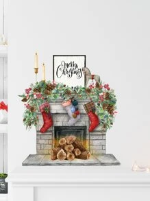2pcs Christmas Fireplace Print Wall Sticker - Multicolor - View 2