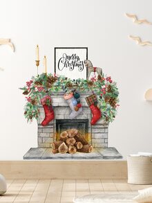 2pcs Christmas Fireplace Print Wall Sticker - Multicolor - View 5