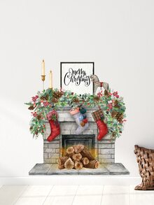 2pcs Christmas Fireplace Print Wall Sticker - Multicolor - View 6