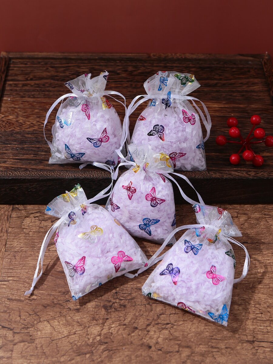 5pcs Butterfly Pattern Gift Bag, Drawstring Storage Pouch For Party